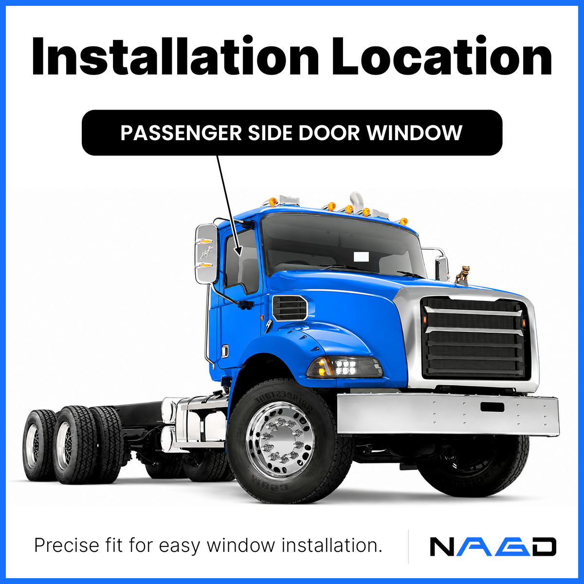Passenger Right Side Front Door Window Door Glass Compatible with Mack Granite Series 2001-2024 & Mack Anthem 2019-2025 Models