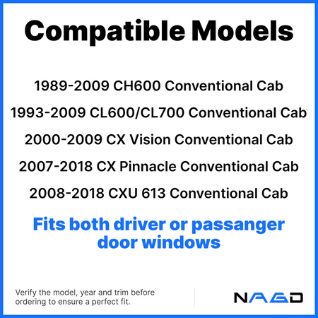 Front Door Window Door Glass Compatible with Mack CH600 / CL600 / CX Vision / CX Pinnacle / CXU613 / CL700 Conventional Cab 1989-2018 Models