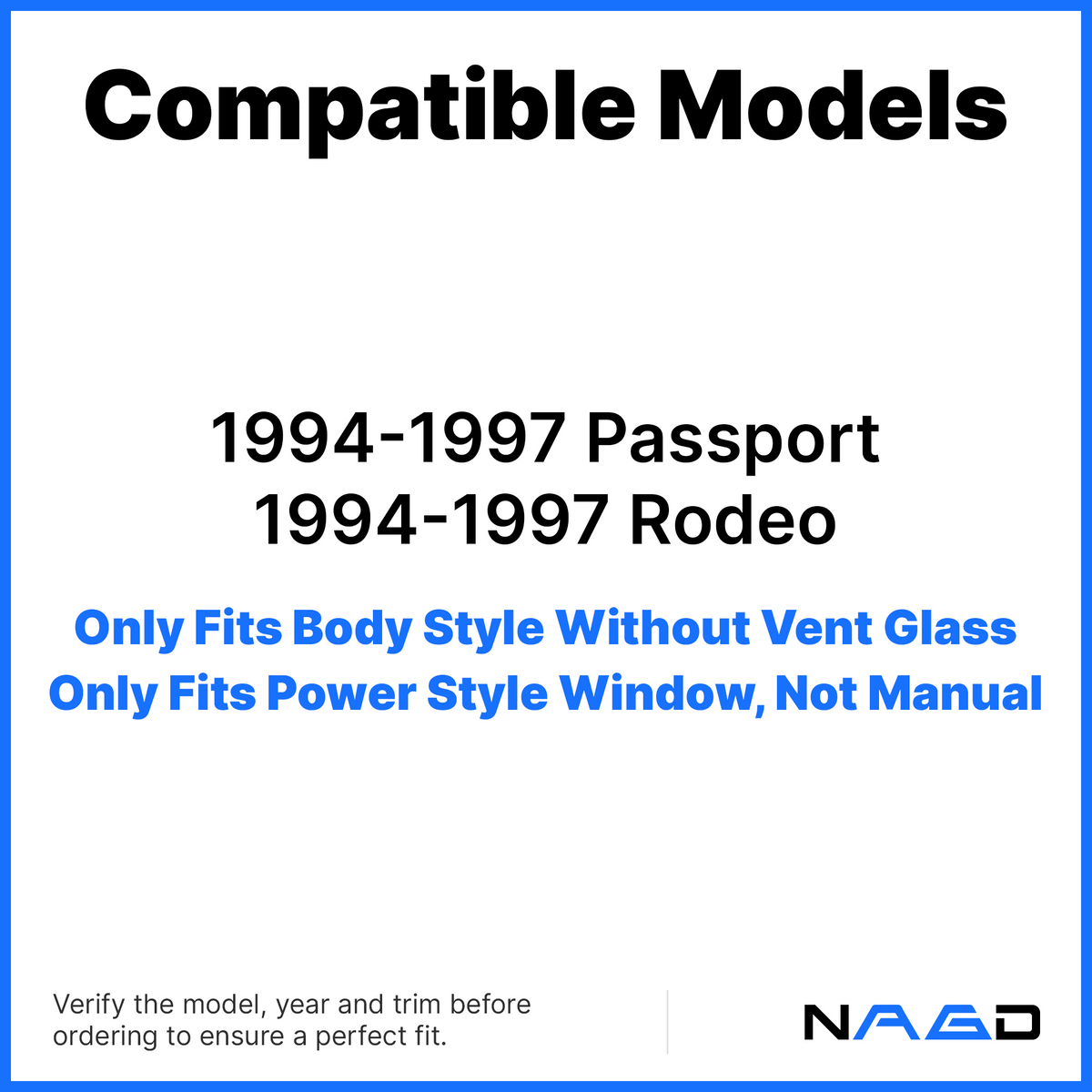 Tempered Power Passenger Right Side Front Door Window Glass W/O Vent Style Compatible with Isuzu Rodeo/Honda Passport 1994-1997 Models