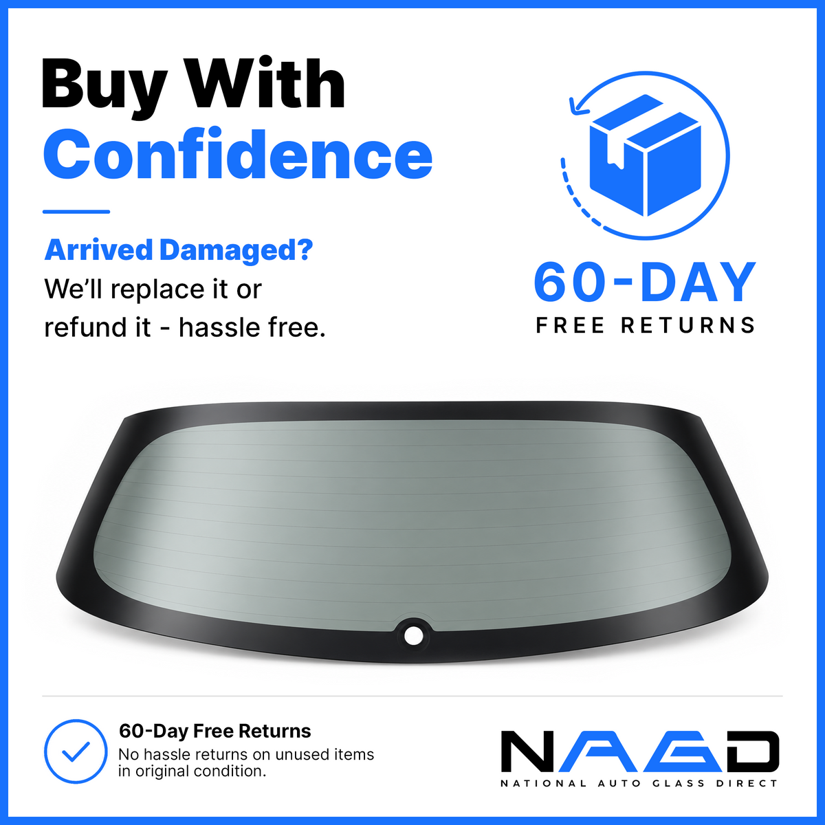Auto glass purchase protection with 60-day free returns and hassle-free replacement for damaged deliveries.