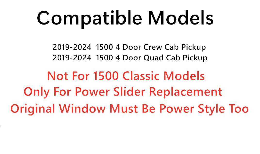 Power Back Slider Window Back Glass Compatible with Ram Pickup 1500 2019-2024 4 Door Models (Not For 1500-Classic)