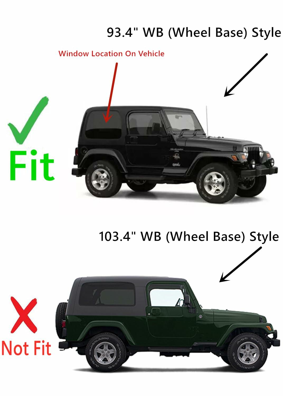 Passenger Right Side Rear Quarter Window Quarter Glass Compatible with Jeep Wrangler 93.4'' WB Short Wheel Bass 1987-2006 Models