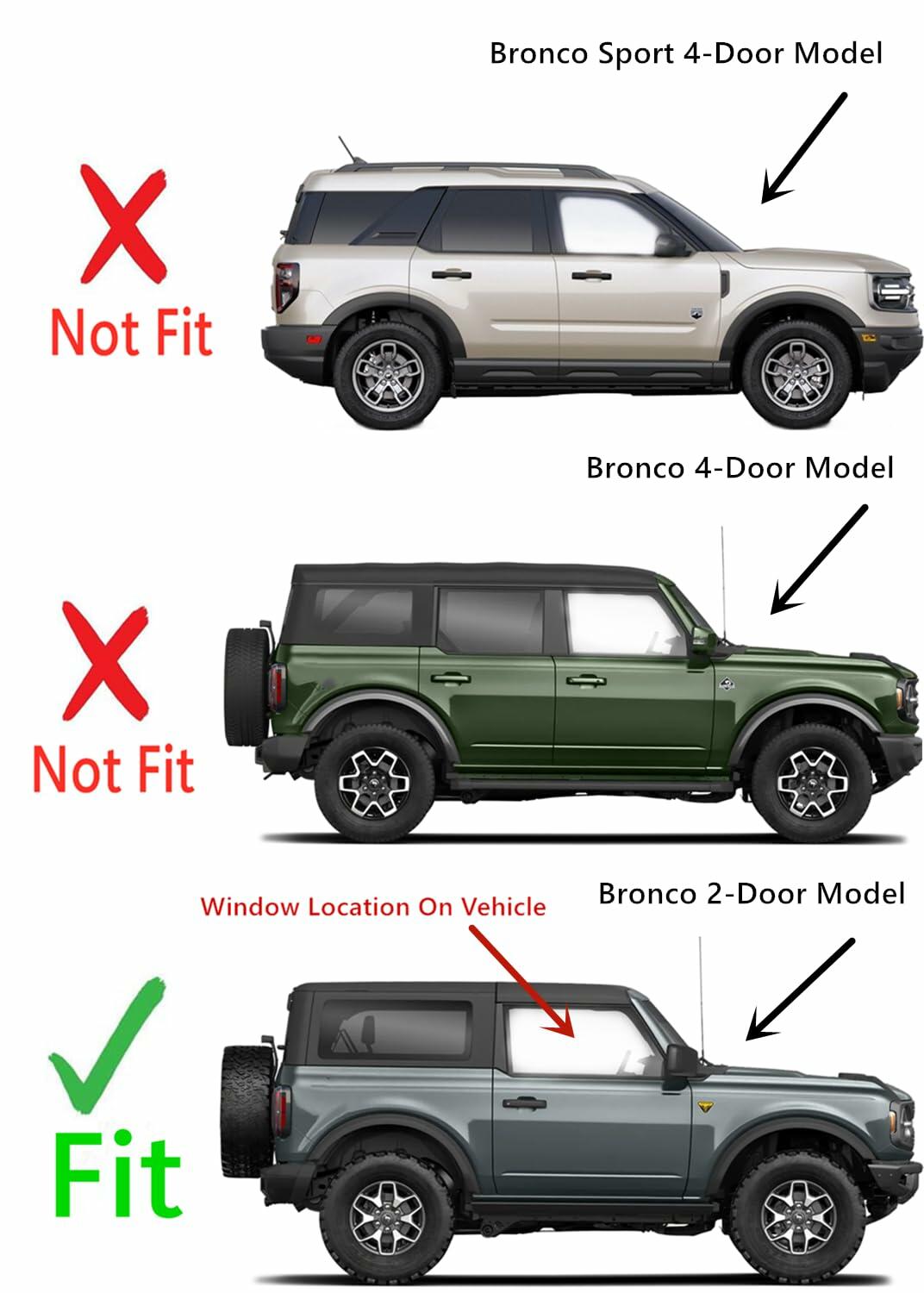 Tempered Passenger Right Side Door Window Door Glass Compatible with Ford Bronco 2021-2026 2-Door Models (Not For 4-Door Models)