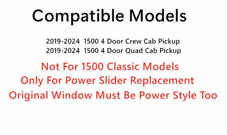 Heated Privacy Back Window Glass Power Back Slider Compatible with Ram Pickup 1500 2019-2024 Models (Not For 1500Classic)
