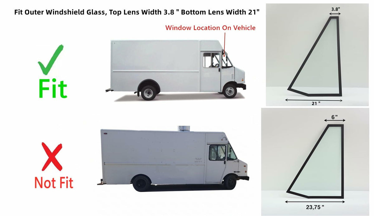 Tempered Passenger Right Side Outer Windshield Window Glass ( Top Lens 3.8 " , Bottom Lens 21" ) Compatible with Utilimaster Aeromaster 2000-2012 / Workhorse FasTrack Step Van 2006-2012 Models