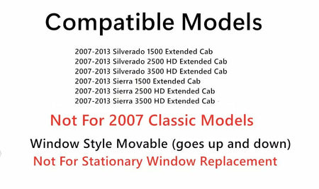 Movable Passenger Right Side Quarter Window Quarter Glass Compatible with Chevrolet Silverado/GMC Sierra 1500 2500 3500 Extended Cab 2007-2013 Models (Not For Classic Models)