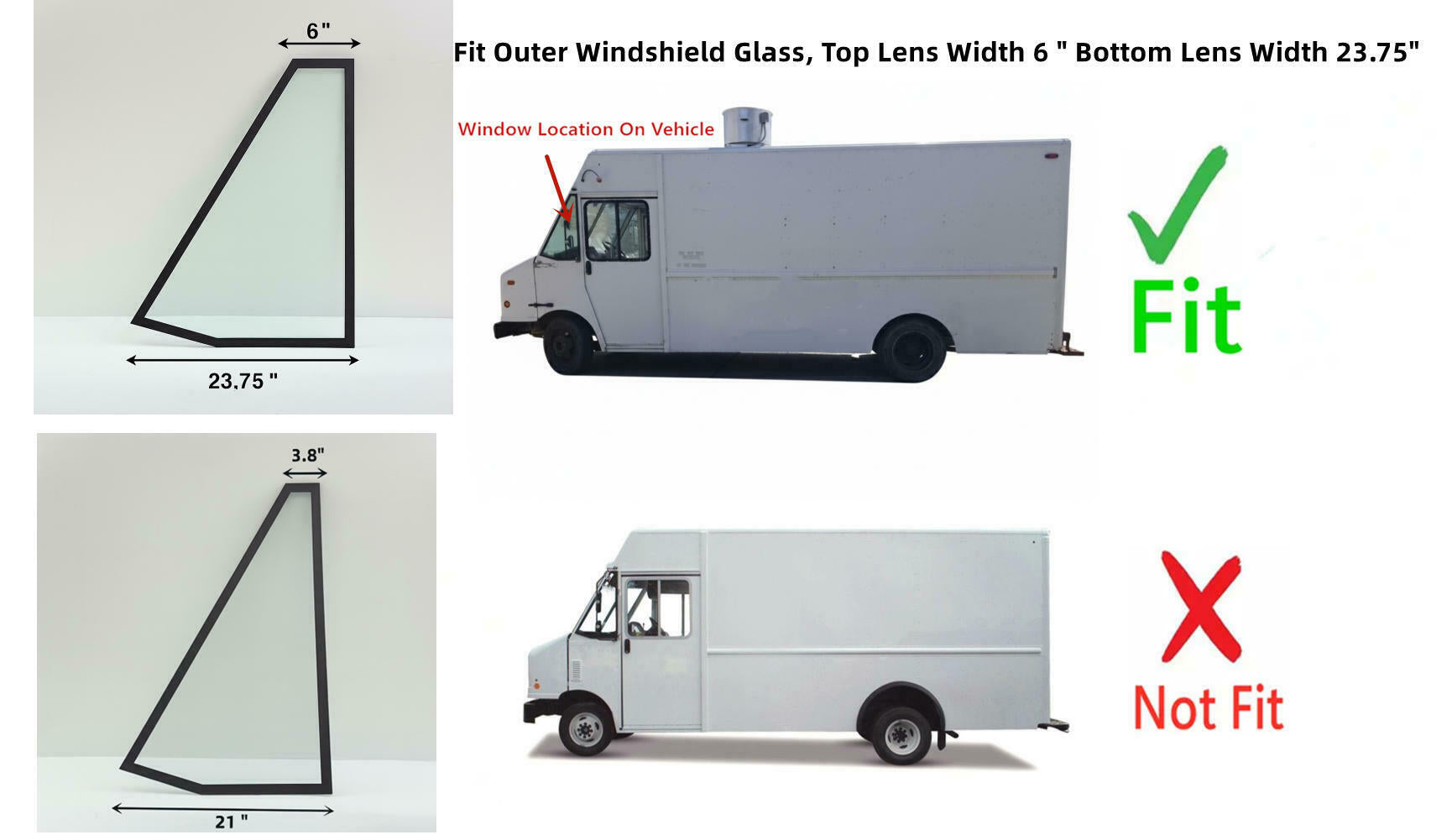 Tempered Driver Left Side Outer Windshield Window Glass ( Top Lens 6 " , Bottom Lens 23.75" ) Compatible with Utilimaster Aeromaster 2000-2012 / Workhorse FasTrack Step Van 2006-2012 Models