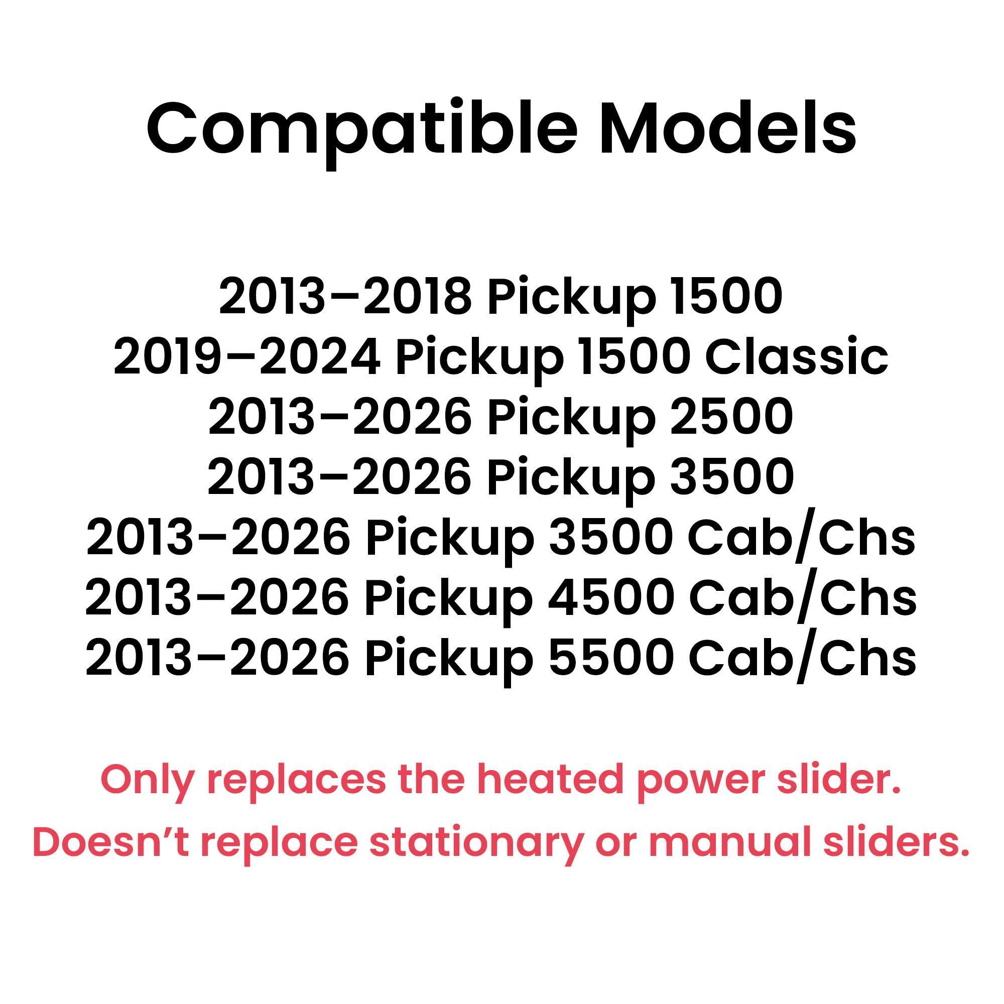 W/Motor Heated Sliding Back Window Glass Back Power Slider Compatible with Ram Pickup 2013-2018 1500 / 2019-2024 1500Classic / 2013-2026 2500 3500 4500 5500 Models