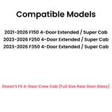 Tempered Passenger Right Side Rear Door Window Door Glass Compatible with Ford F150 2021-2026 F250 F350 2023-2026 4-Door Extended/Super Cab Models
